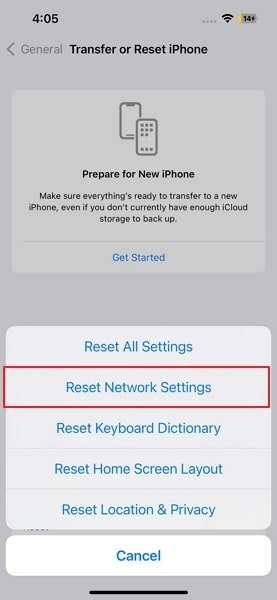 reset iphone network settings