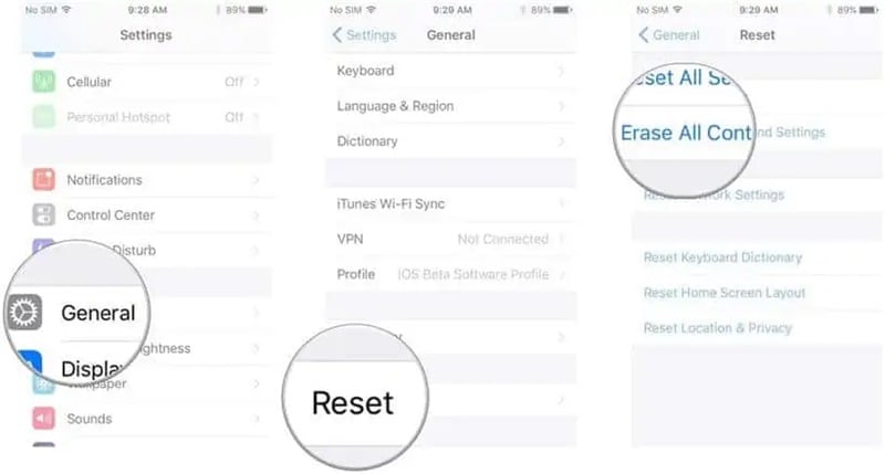reset in settings