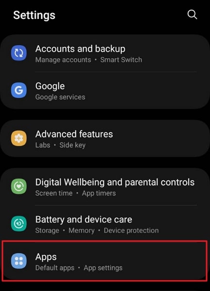 Tippen Sie auf die Apps Option