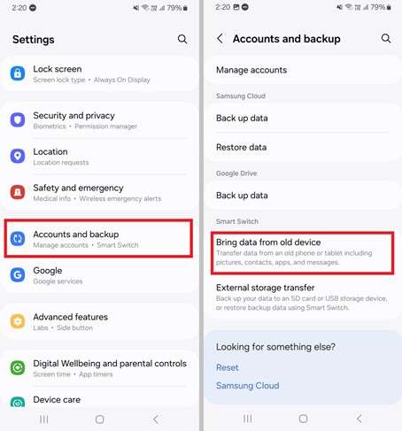 select bring data from old device