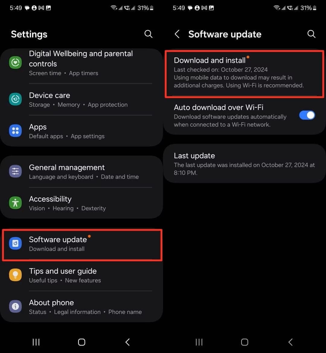 locate software update to download