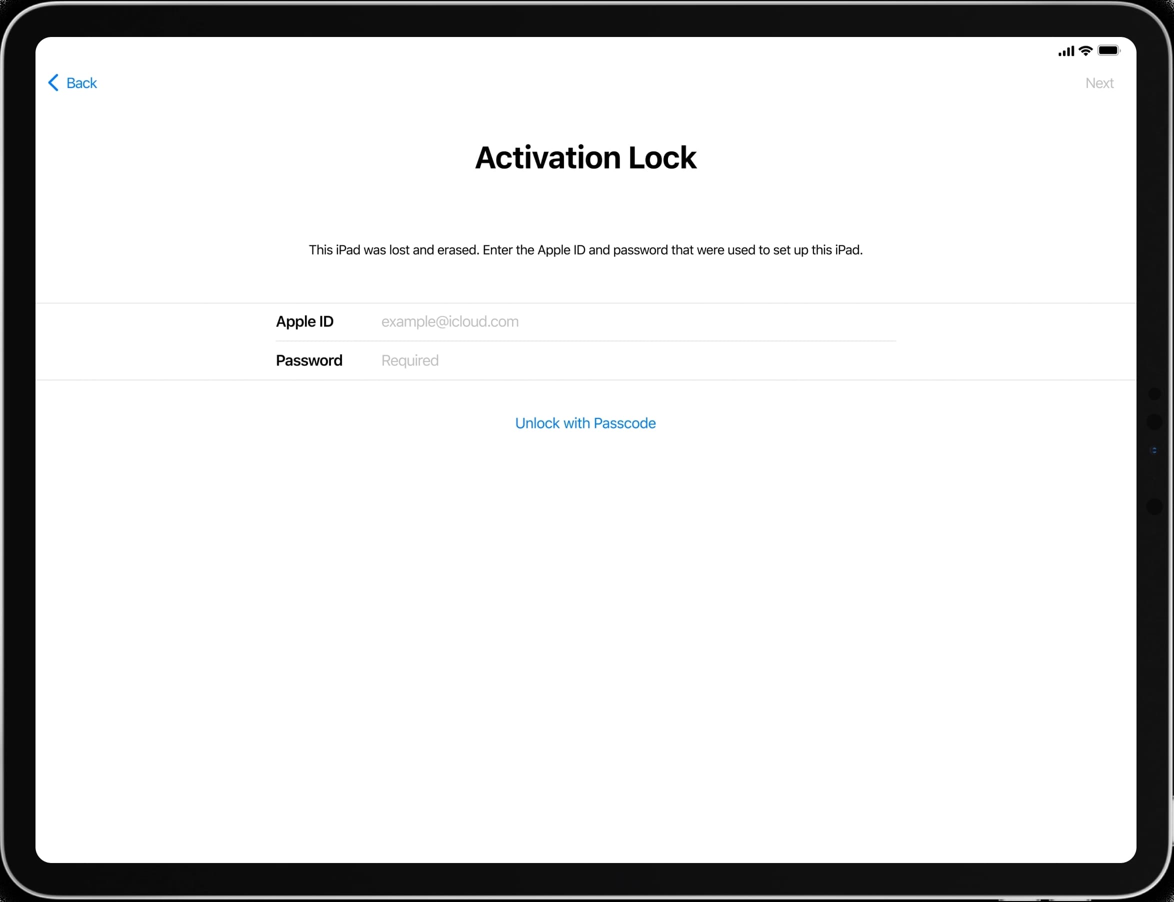 enter apple id credentials activation lock 