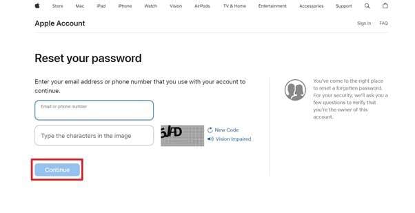 continue to reset apple id password