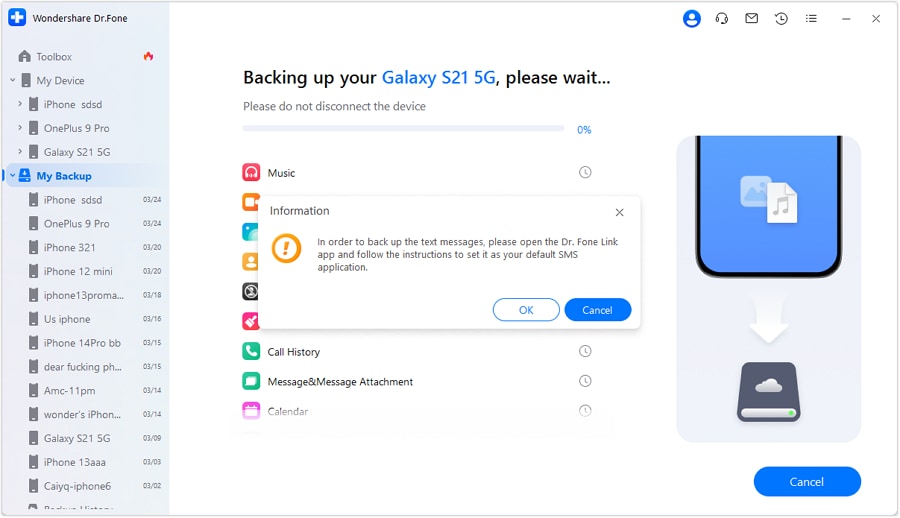click ok after setting dr. fone as the default sms app