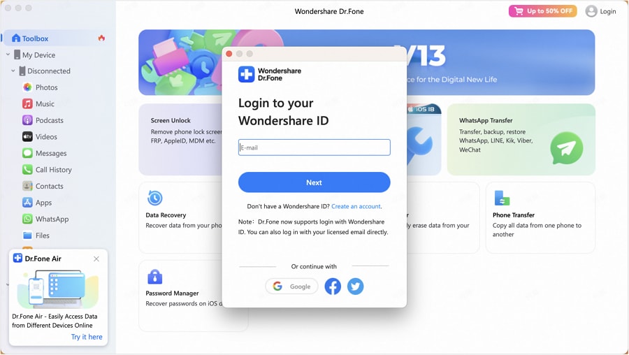 register Dr.Fone on mac