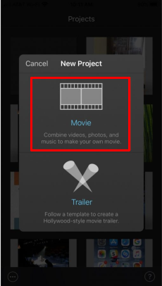 Sélectionnez Film dans l'écran Nouveau projet