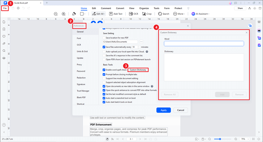 opções de verificação ortográfica