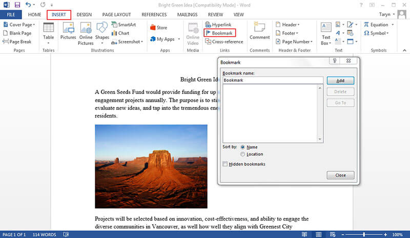 maak bladwijzer in word