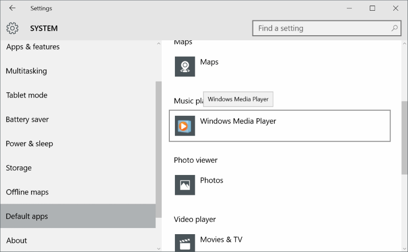 Configurações aplicativos padrão Windows Media Player