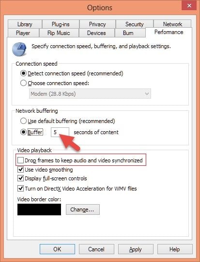 Desmarque a opção de soltar quadro e defina o buffer