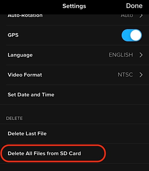 formate o cartão no aplicativo gopro