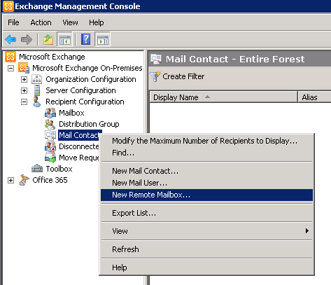 Abra uma nova caixa de email no console de gerenciamento do Exchange