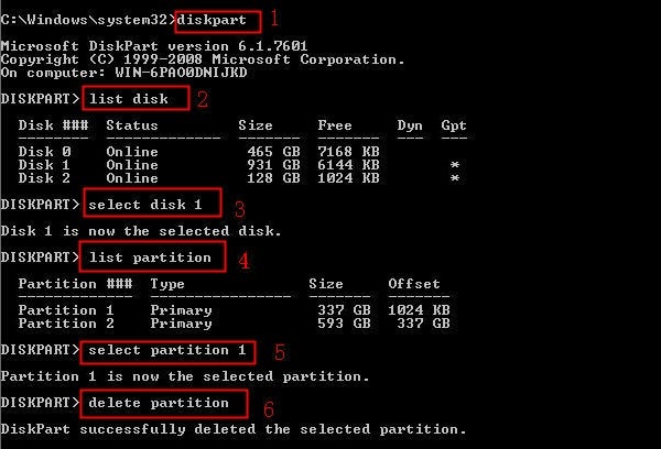 удаление скрытого раздела с помощью diskpart
