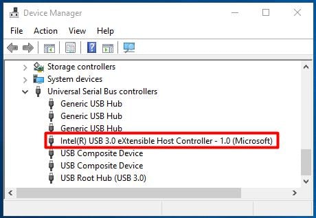 gestionnaire de périphériques menu du gestionnaire de contrôle de l'USB