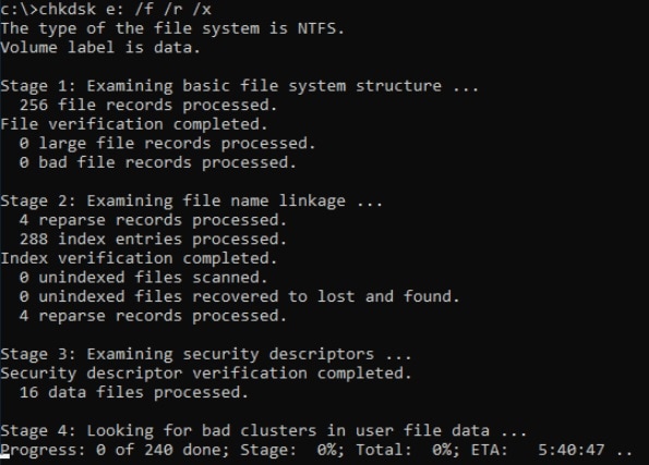 execução do comando chkdsk
