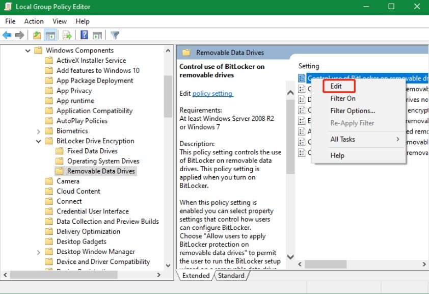 faça as edições no controle do Bitlocker