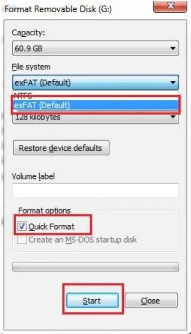 começar a formatar o dispositivo usb