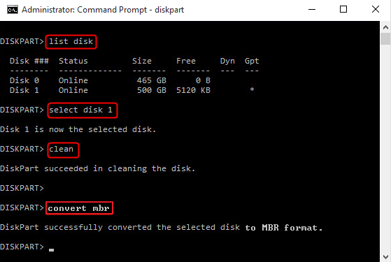 mbr to gpt conversion via diskpart