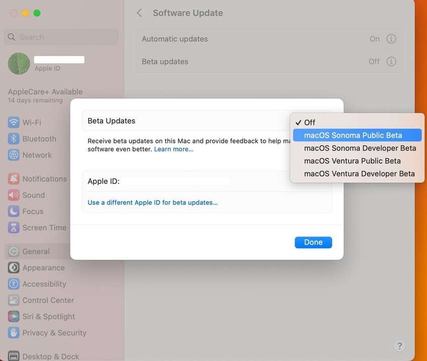 habilitar as atualizações beta do macos sonoma