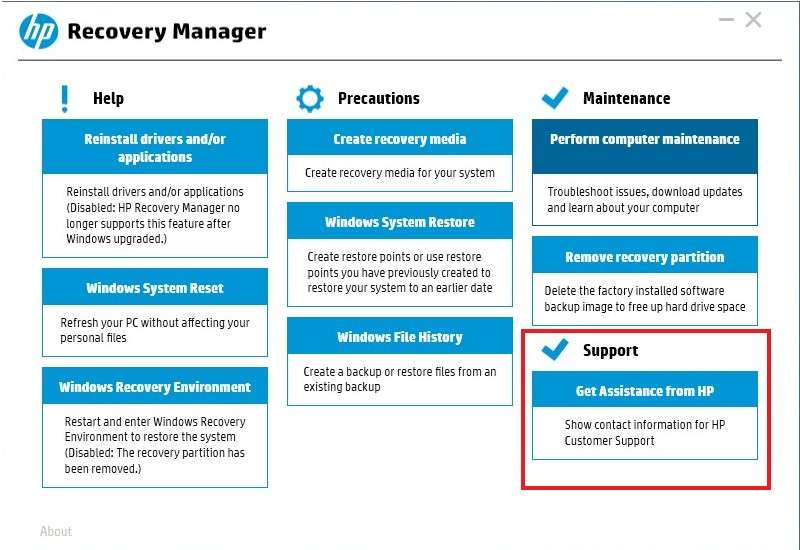 suporte do hp recovery manager