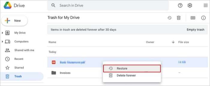 restaurando arquivos excluídos do Google Drive
