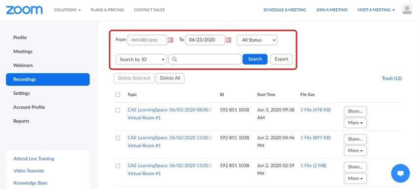 Filtros de pesquisa e gravações disponíveis