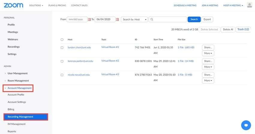 gravações na nuvem do administrador do Zoom