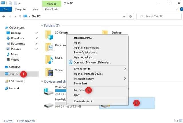 faça a formatação do usb ou dispositivo externo 