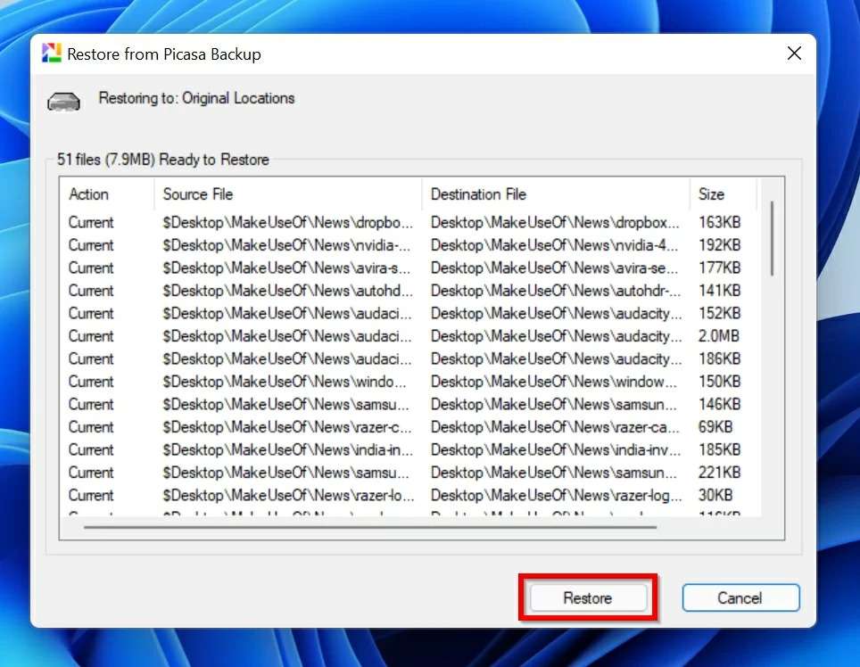 restaurar do backup do picasa 