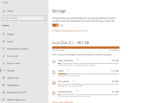 página de configurações de armazenamento