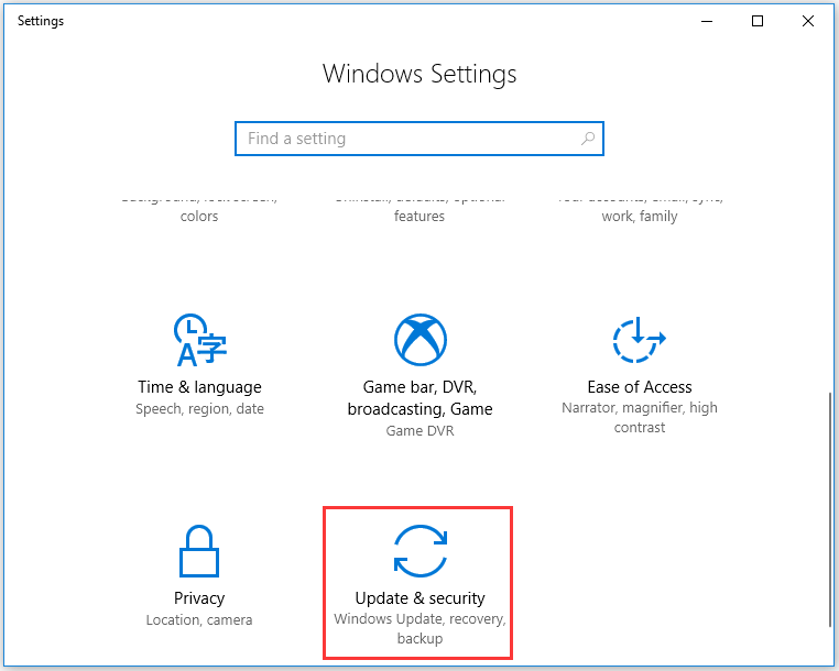 atualização e configurações de segurança no Windows 10