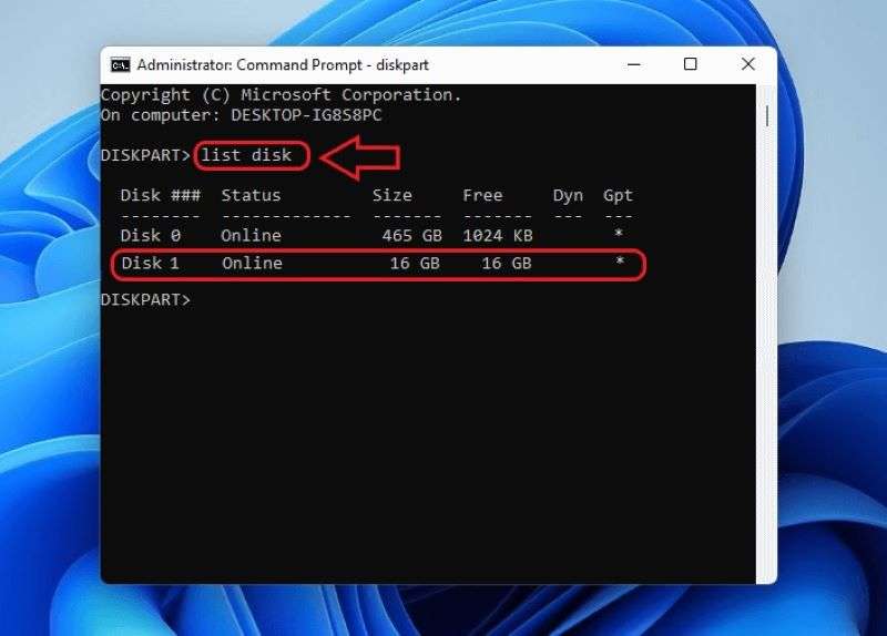 digite list disk