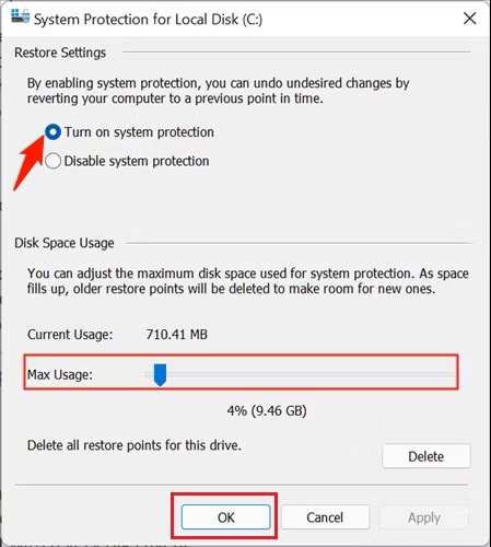 turn on system protection option