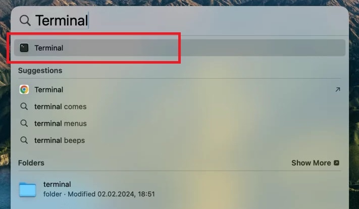 terminal option from spotlight