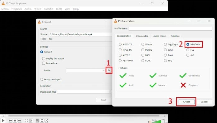 vlc escolha mp4 ou mov