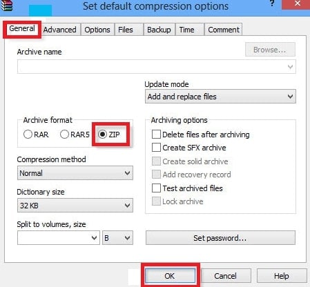 set zip as archive format