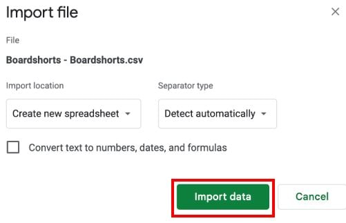 click file and import in spreadsheet