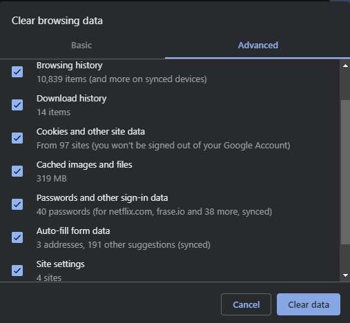 excluir todos os dados de navegação do chrome