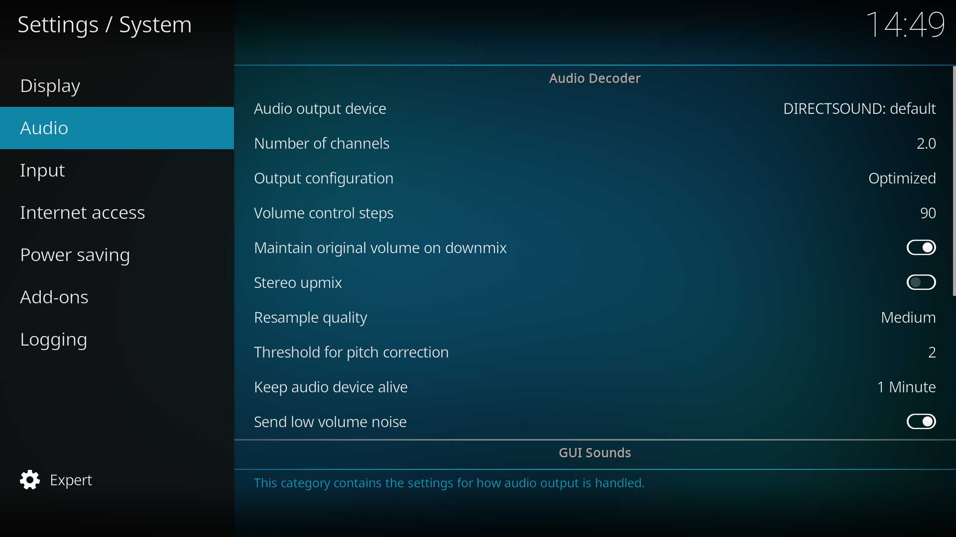as configurações de áudio do kodi