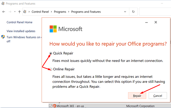 reparar microsoft office