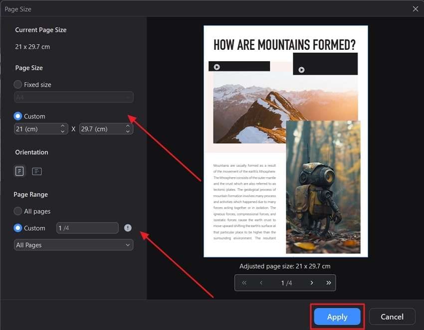 add custom size and click apply