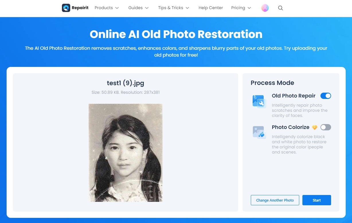 escolha o modo de reparo de foto antigo