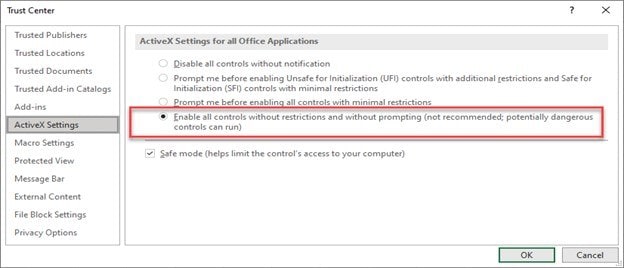 enable all controls without restrictions and prompting