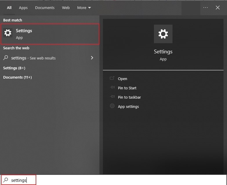 digite configurações na pesquisa