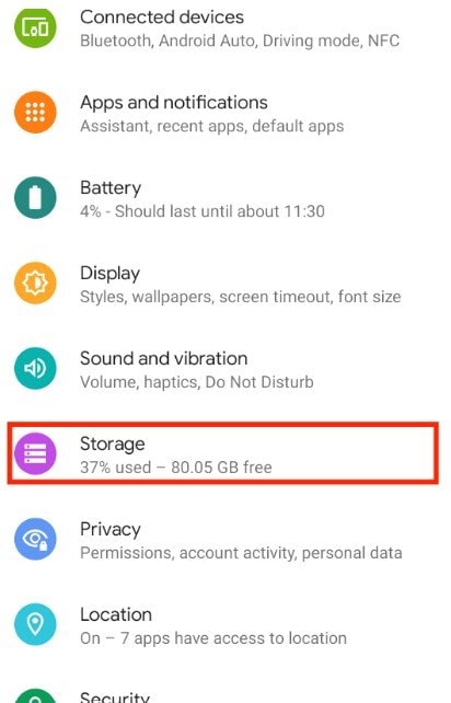 configurações de armazenamento