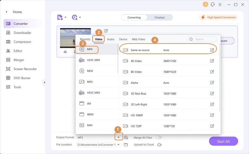select target video format for camera video