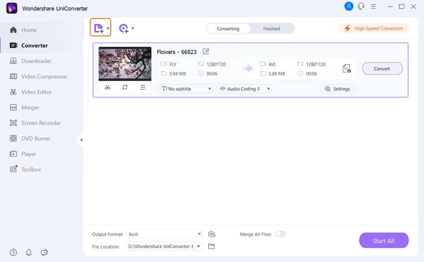 add FLV files to wondershare uniconverter