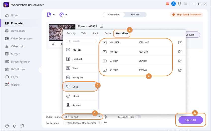 start to convert video to Likee file by Wondershare Likee Converter